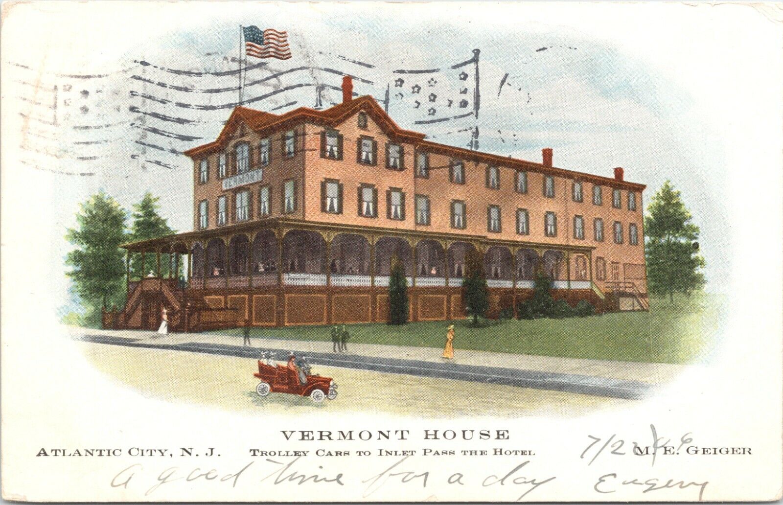 C.1906 Atlantic City NJ VERMONT HOUSE HOTEL Motor Car New Jersey Postcard 627