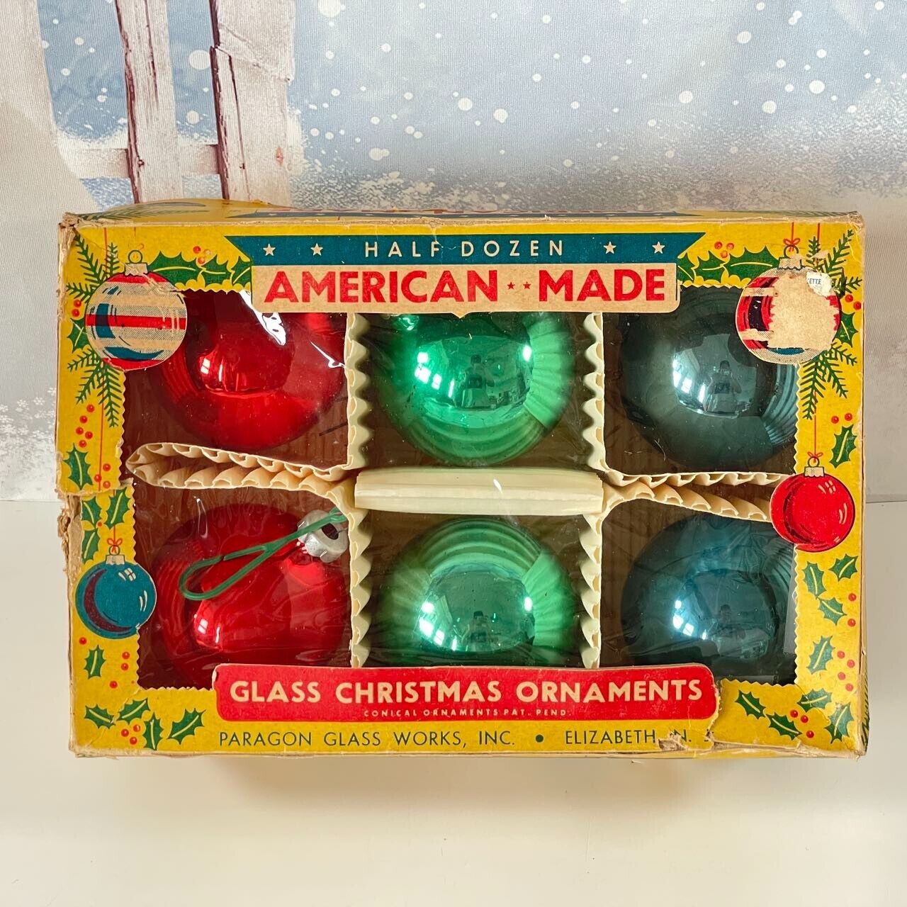Vintage Paragon Glass Bulbs Christmas Ornaments Red Green Blue Large 6pc in box
