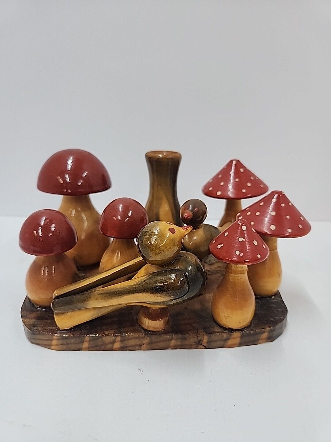 Vintage Carved Wooden Mushroom & Bird Sculpture Folk Art Handmade Candle Holder