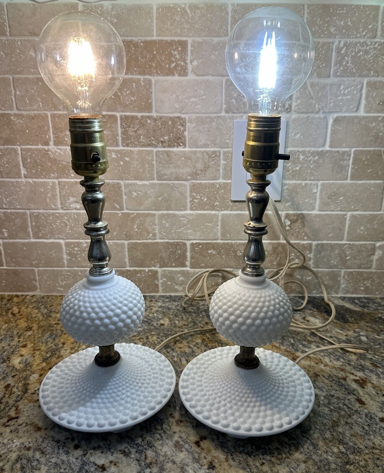 Vintage White Milk Glass Hobnail Boudoir Table Electric Lamps Pair 12”