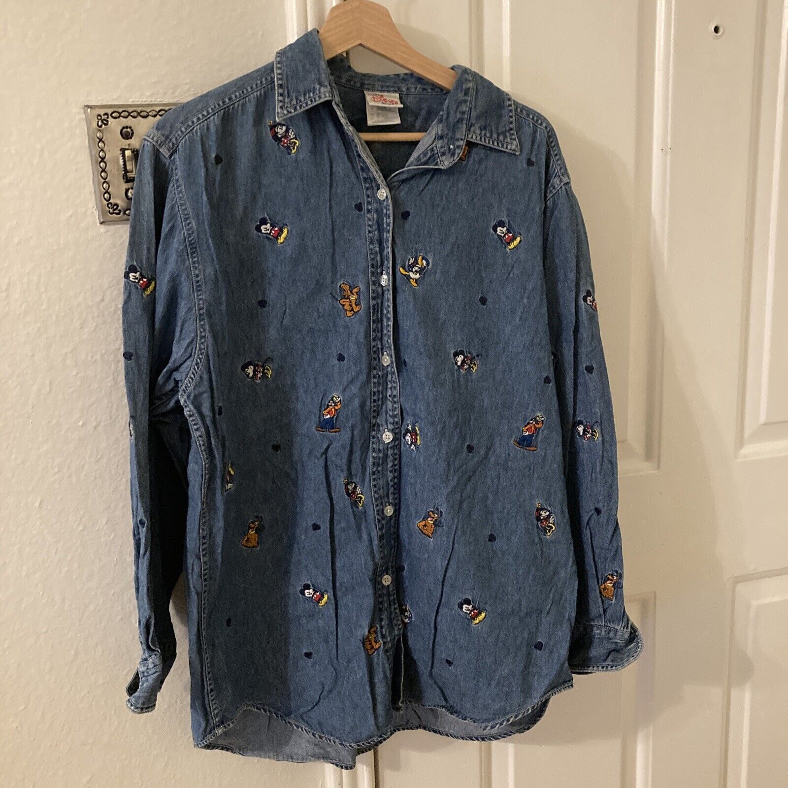 Vintage Denim Mickey Mouse Shirt L with embroidered Characters and Mickey Heads
