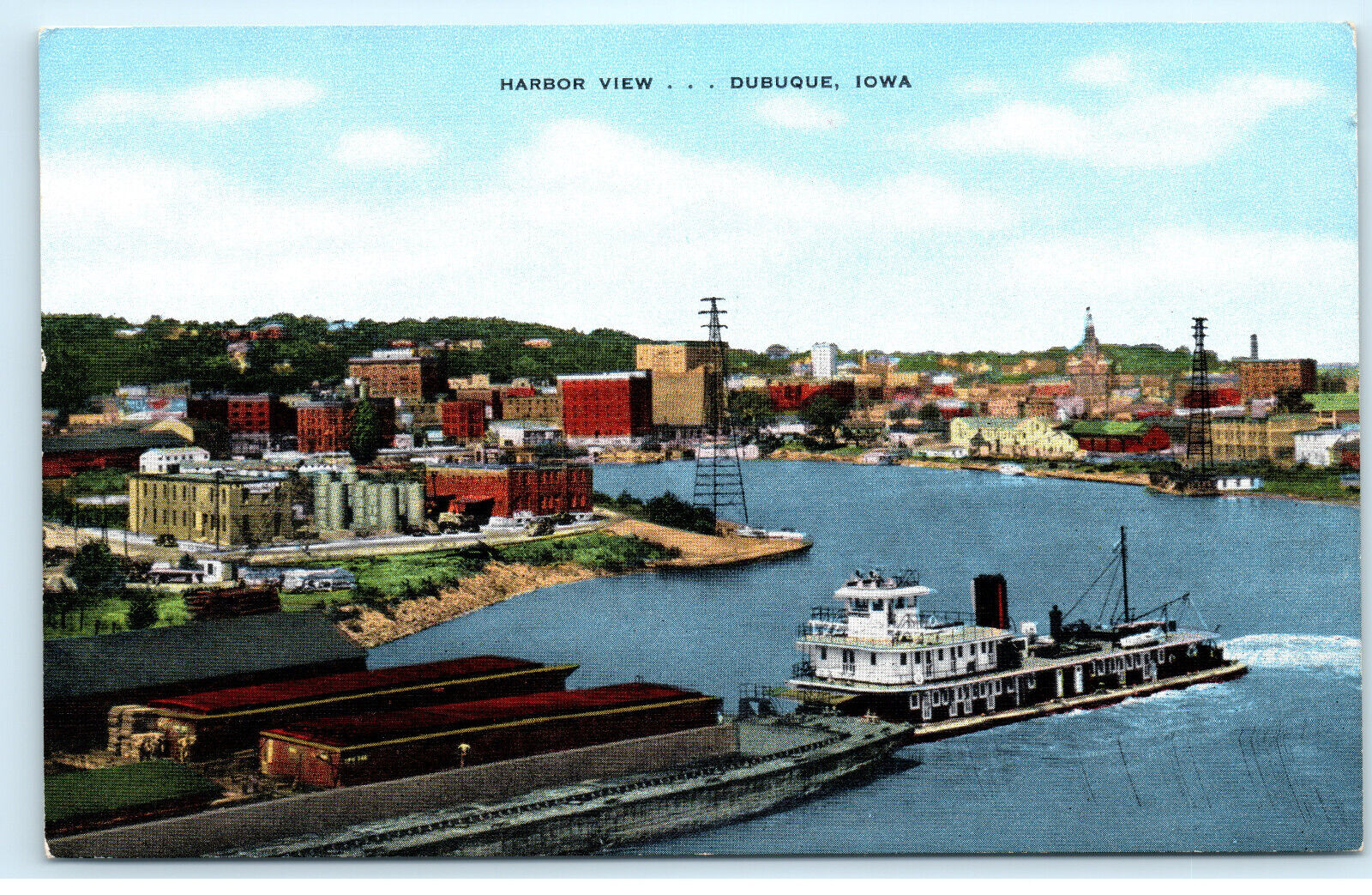Dubuque Iowa Harbor Ferry River Rail Terminal Freight Barges Postcard F11