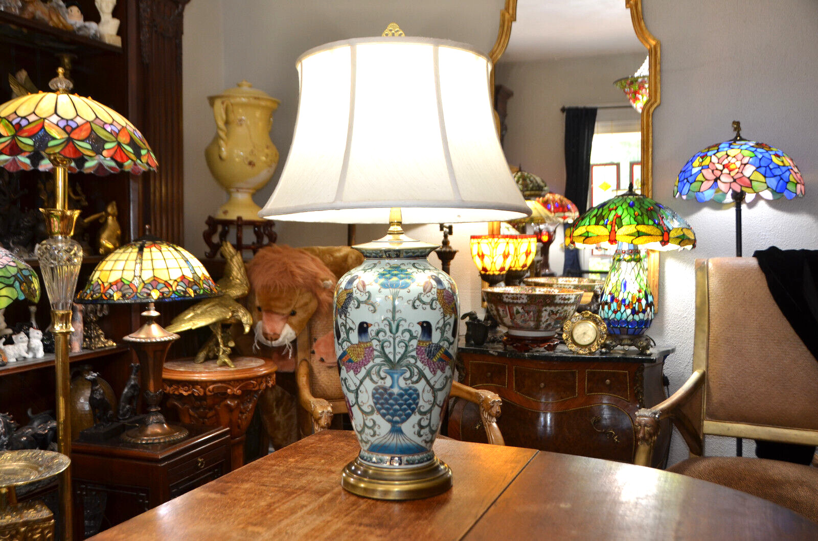 Vintage Oriental Accent Ginger Jar Lamp Porcelain & Brass Gilt Bird Motif