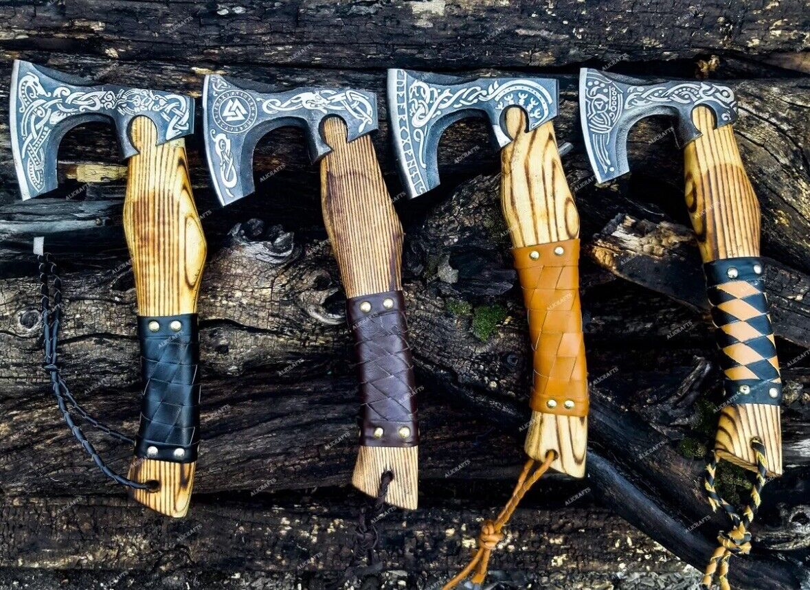 VIKING AXE HAND FORGED Carbon Steel Lot of 4 THROWING VALHALLA BATTLE READY AXE