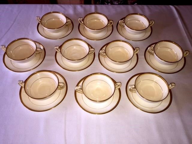 MINTON H969 Gold Encrusted Sunburst Scroll ~ Bouillon Cups & Saucers (10 Sets)