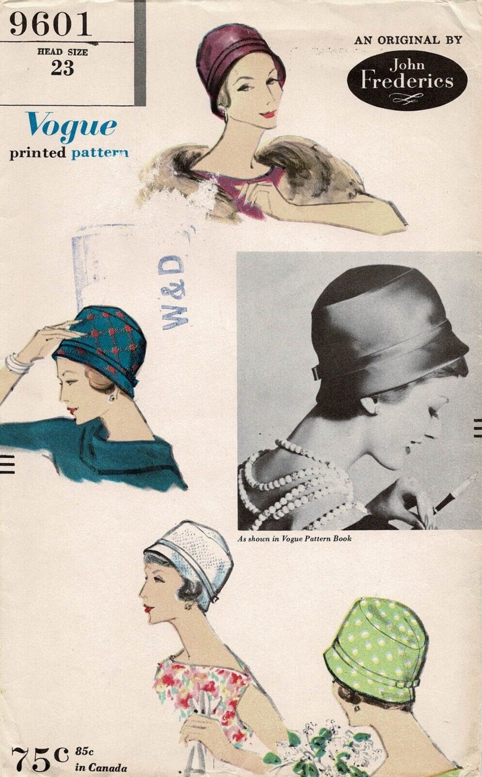 CLOCHE Bucket HAT Turban by John Frederics Vogue 9601 Vtg 1958 Sewing Pattern