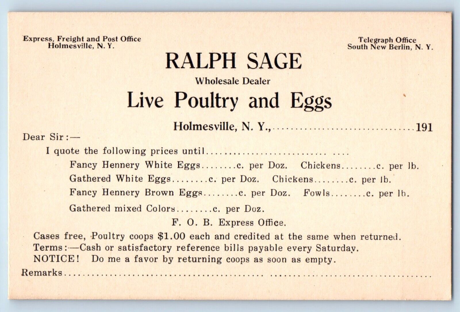 Holmesville New York NY Postcard Ralph Sage Live Poultry And Eggs c1900's