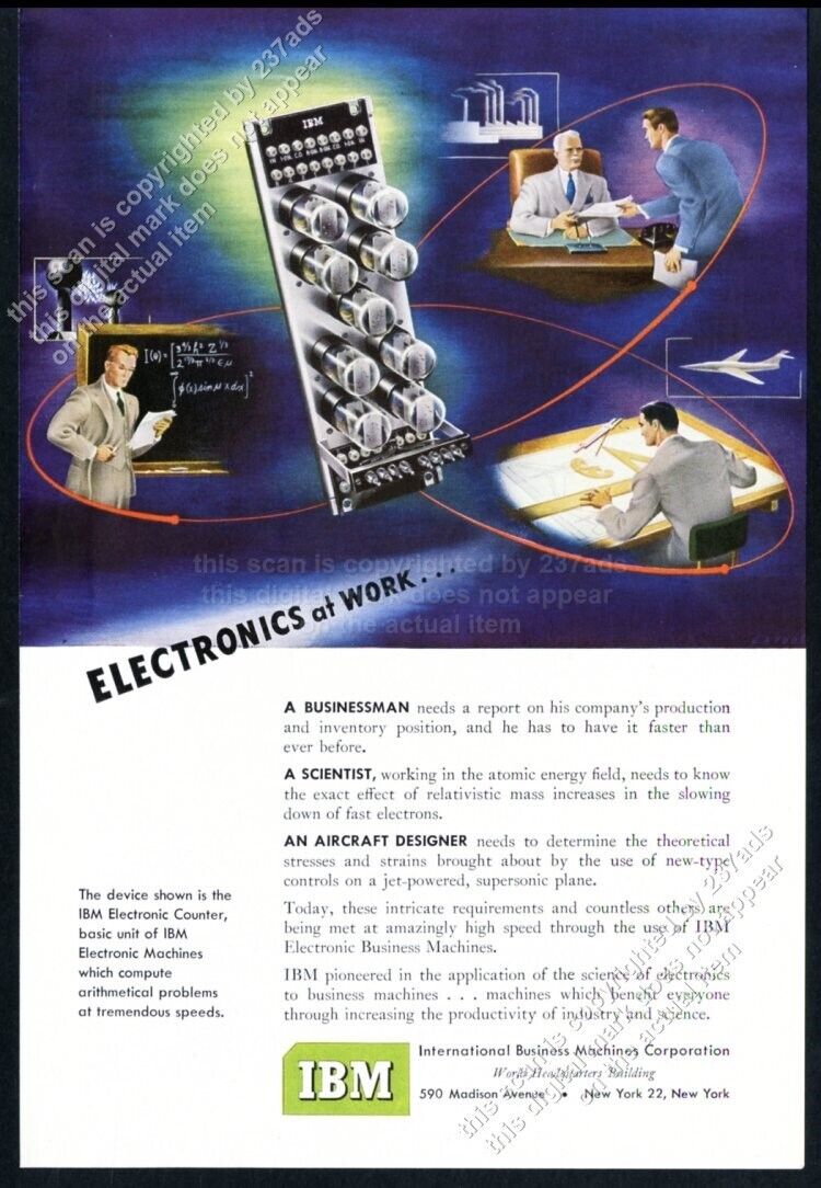 1950 IBM computer vacuum tube art Electronics At Work vintage print ad