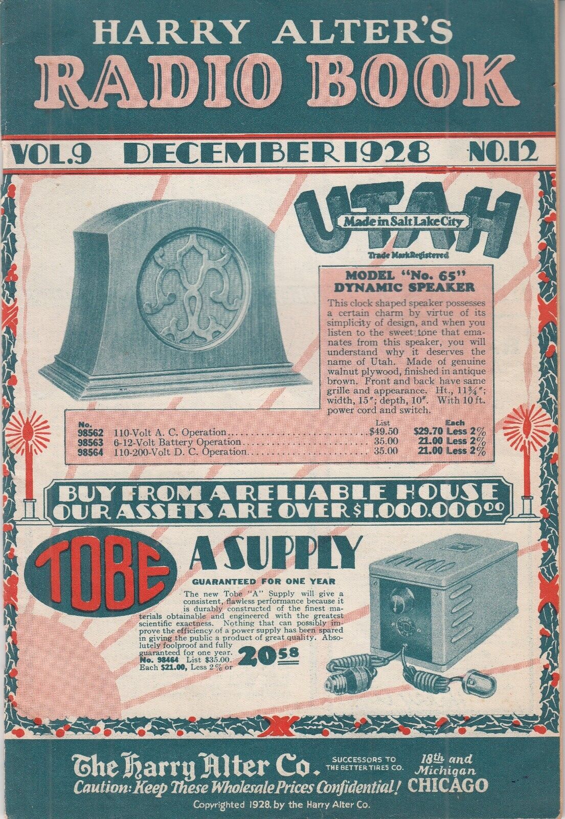 RARE 1928 HARRY ALTER'S RADIO BOOK CATALOG - ANTIQUE RADIOS , TUBES - 57 PAGES