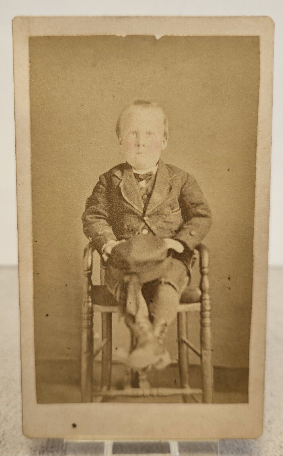 Antique 1878 CDV Hand Tinted Photo CHUBBY BOY WITH ROSY CHEEKS Seated on Chair