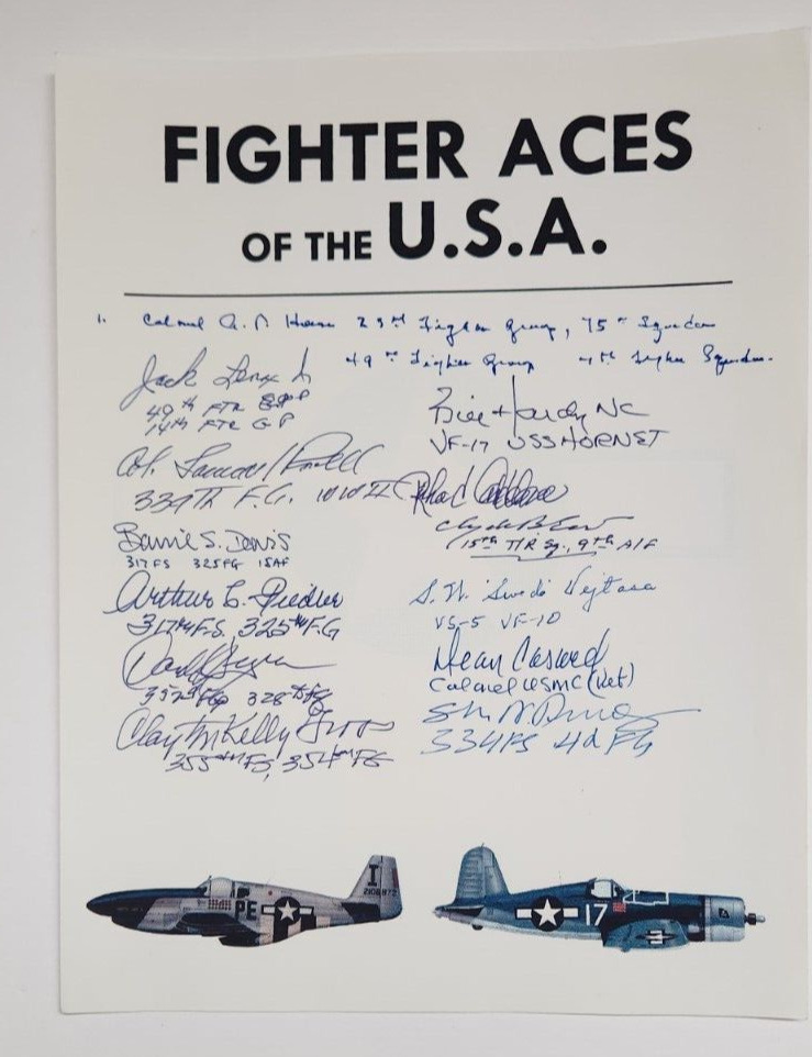 WWII American Fighter Pilots Aces multi-signed (13) photo USAF, USN, USMC 8.5x11