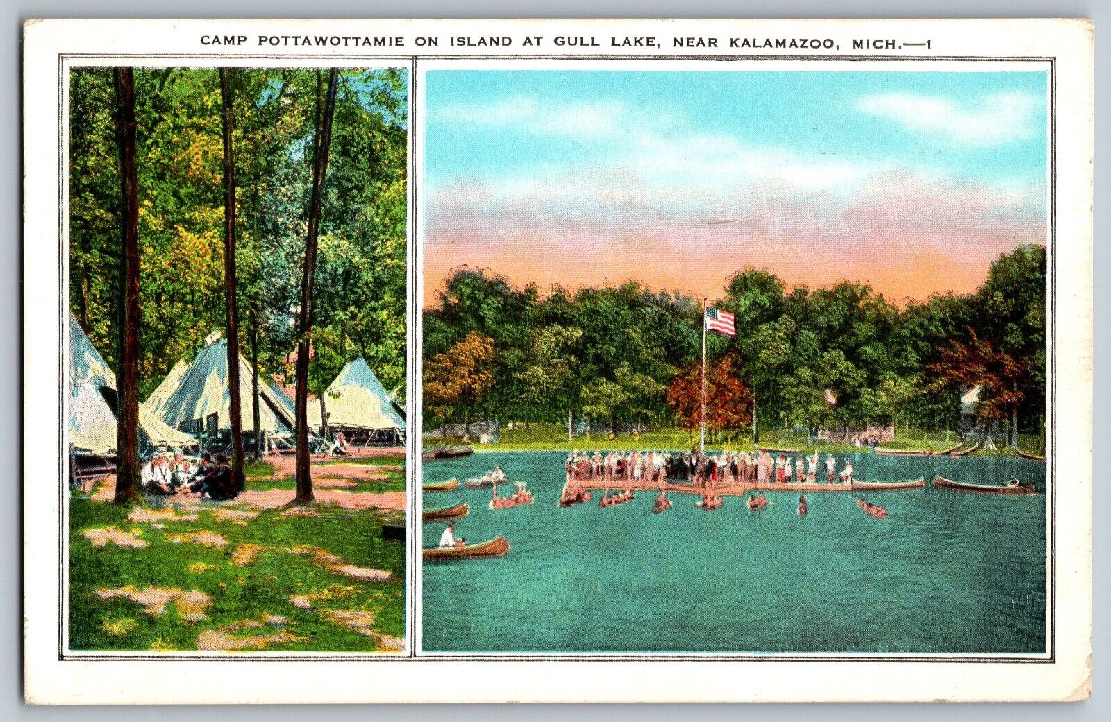 Kalamazoo, Michigan - Camp Pottawottamie on Island - Vintage Postcard - Posted