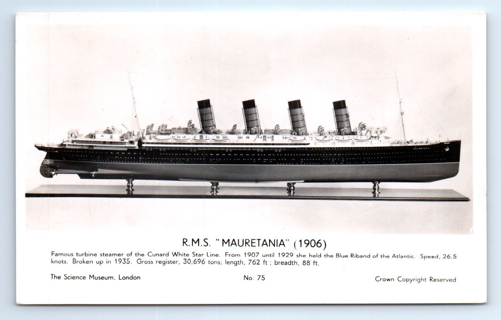 R.M.S. MAURETANIA Cunard White Star RPPC Model Science Museum Postcard c.19+50