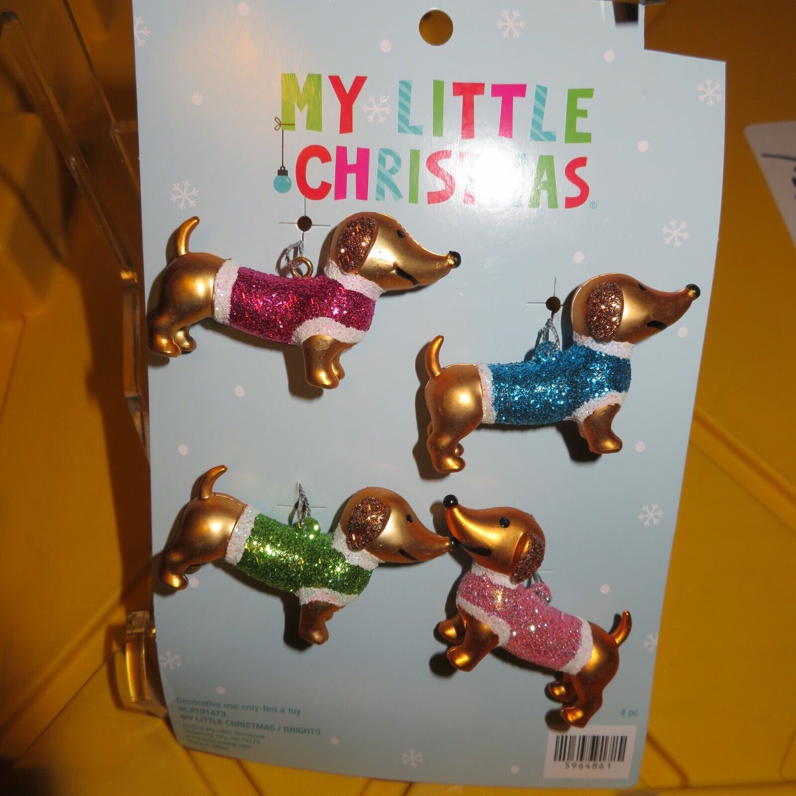 My Little Christmas Mini Dachshund Glitter Ornaments 4 Count NEW in Package