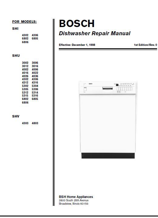 Repair Manual: Bosch Siemens Dishwashers SHE/SHI/SHU/SHV/SHX/SHY (choice of 1)