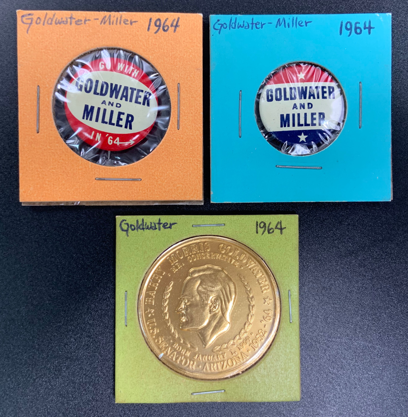 Barry Goldwater Campaign Pins and AU / UNC Medallion Lot - 1964 Very Nice Set /
