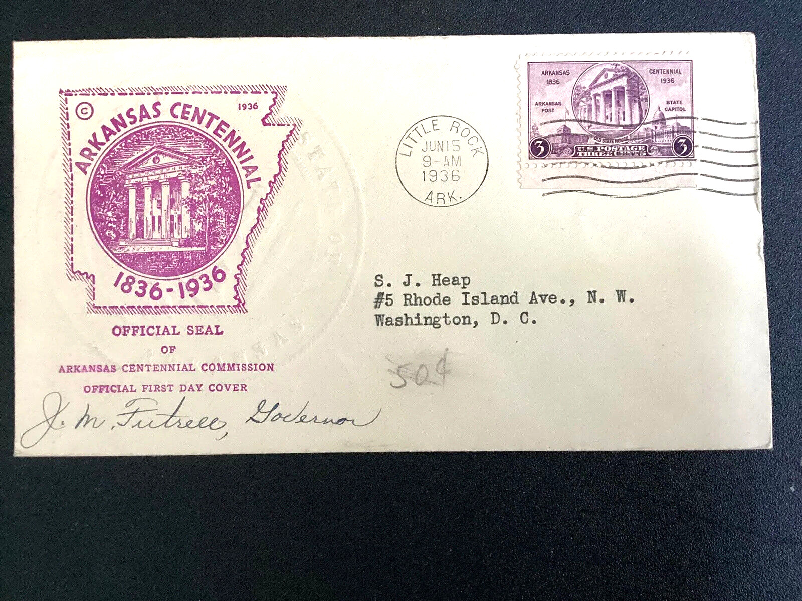 Autograph Gov.of Arkansas J. M. Futrell 1936 on envelope with EMBOSSED SEAL
