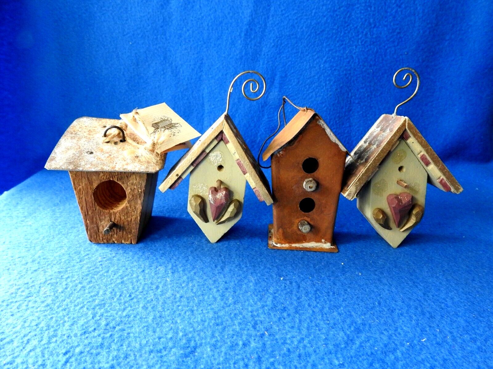 Set of 4 Vintage (2) Glitter Wood (1) Rustic (1) Metal Bird House Ornaments
