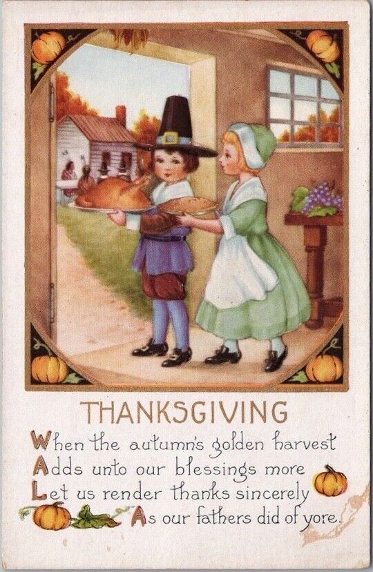 Whitney THANKSGIVING Embossed Postcard Pilgrim Boy & Girl / Turkey & Pie UNUSED