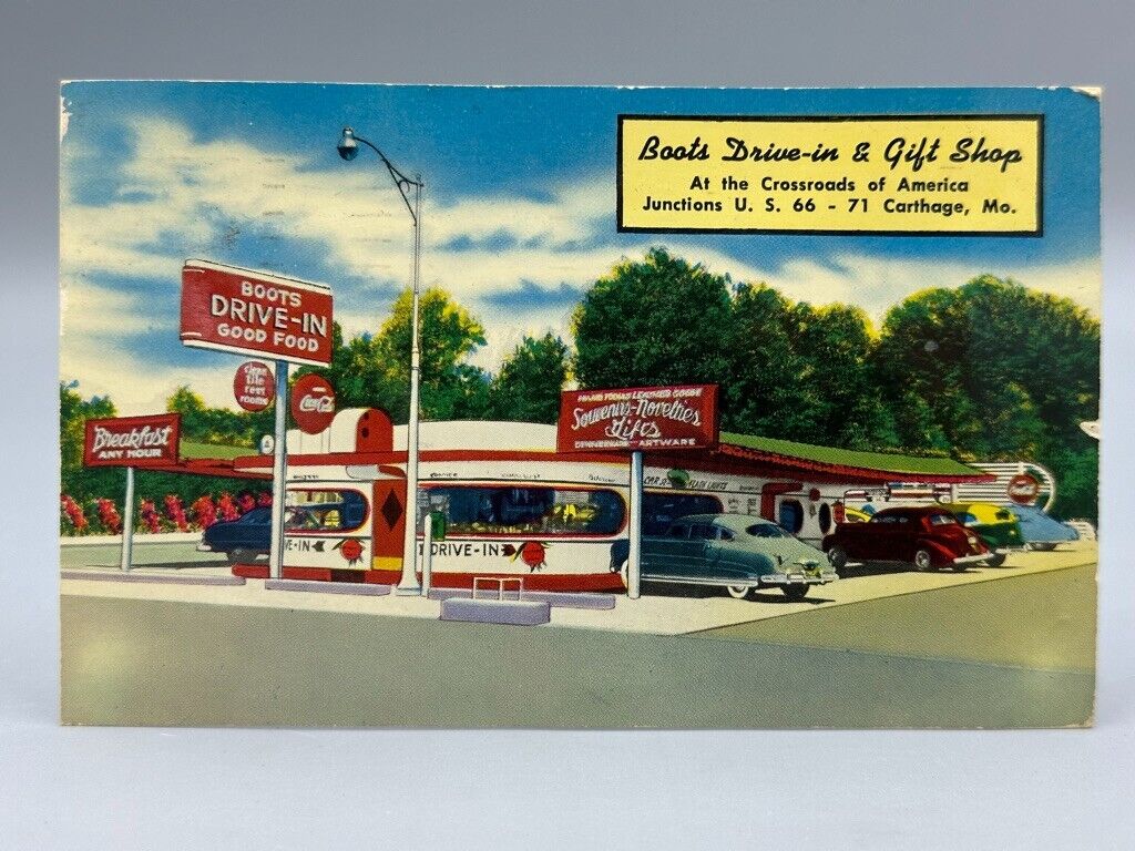 1956 CARTHAGE Missouri BOOTS DRIVE-IN Restaurant Postcard
