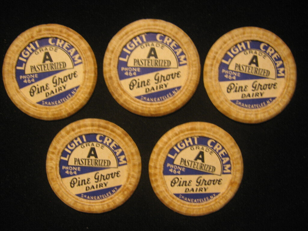 vintage lot 5 bottle caps Pine Grove Dairy Skaneateles NY ,  Light Cream