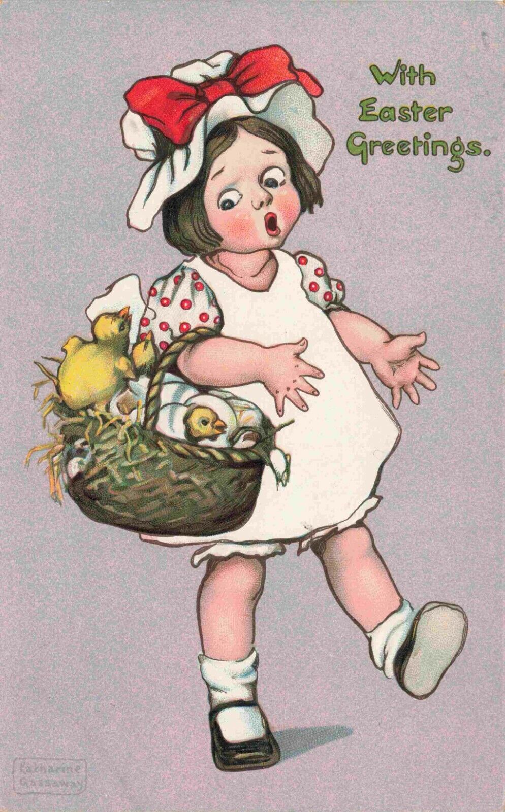 Tuck\'s Easter Signed Katharine Gassaway Cute Girl Chicks Basket Vintage Postcard