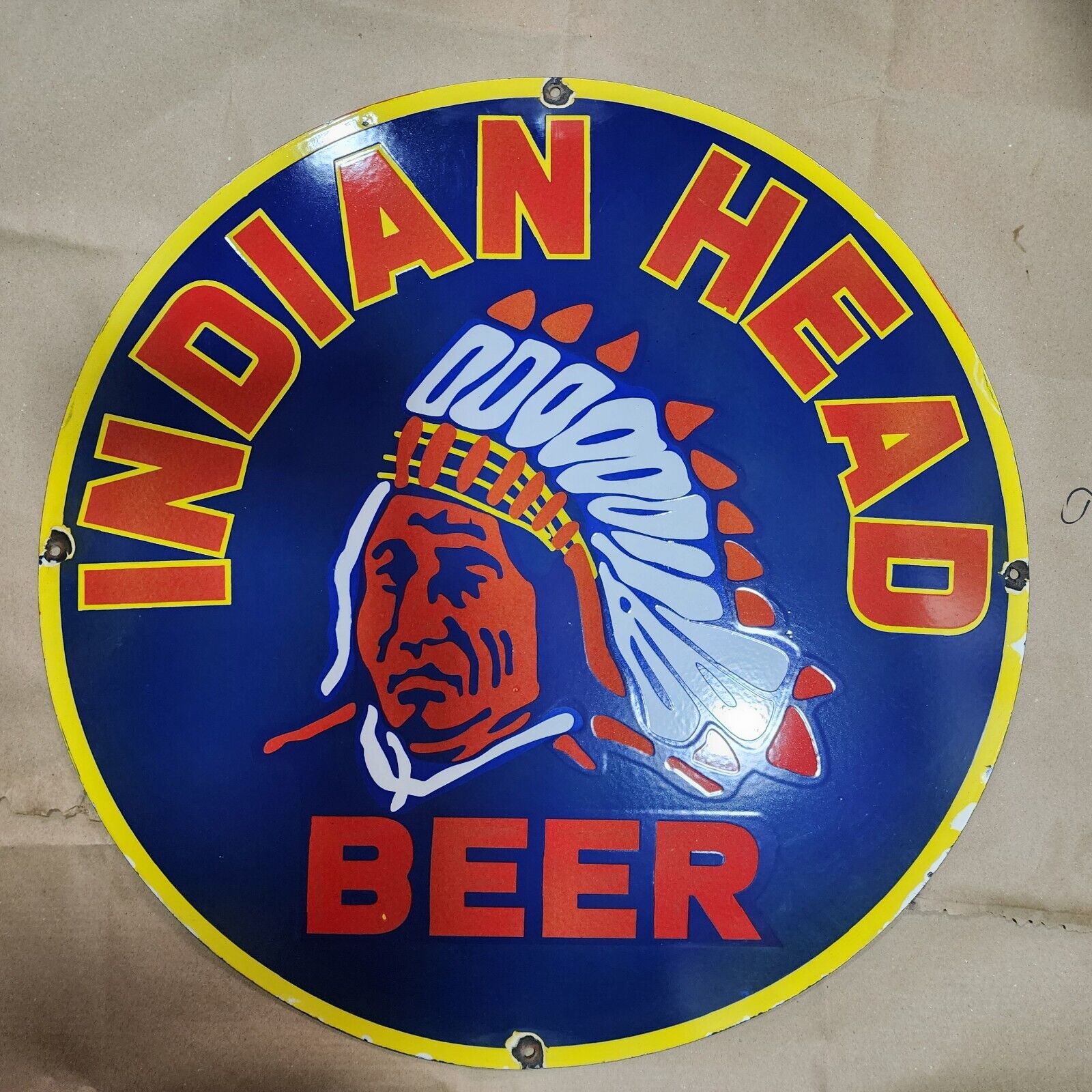 INDIAN HEAD BEER PORCELAIN ENAMEL SIGN 30 INCHES ROUND