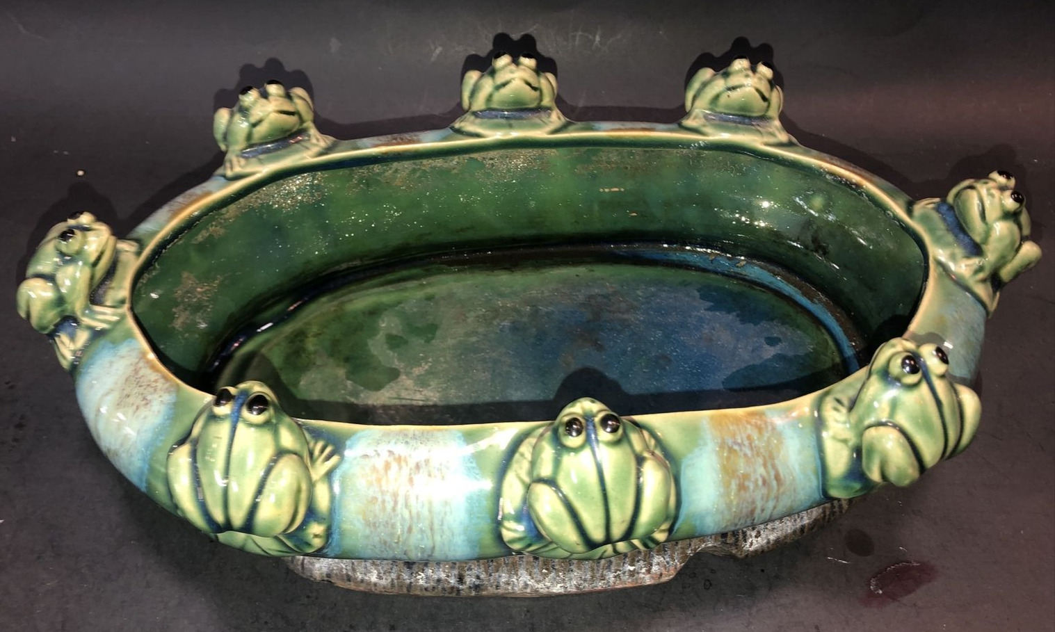 Antique English Majolica Green Glazed Ceramic Oval Frog Planter Bowl P301PF