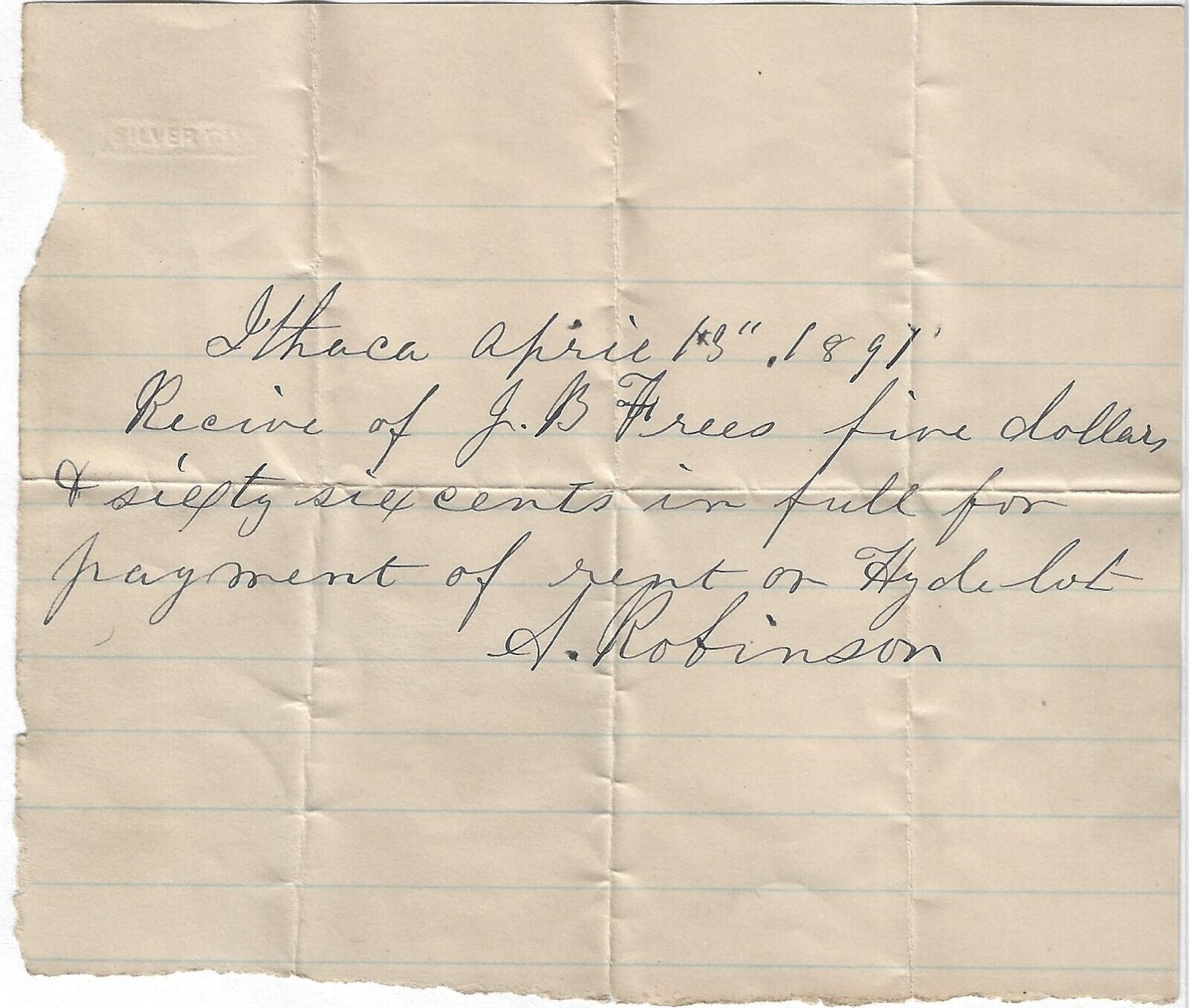 Ithaca NY Handwritten Receipt JB Frees from A Robinson for Hyde Lot 1897 Antique