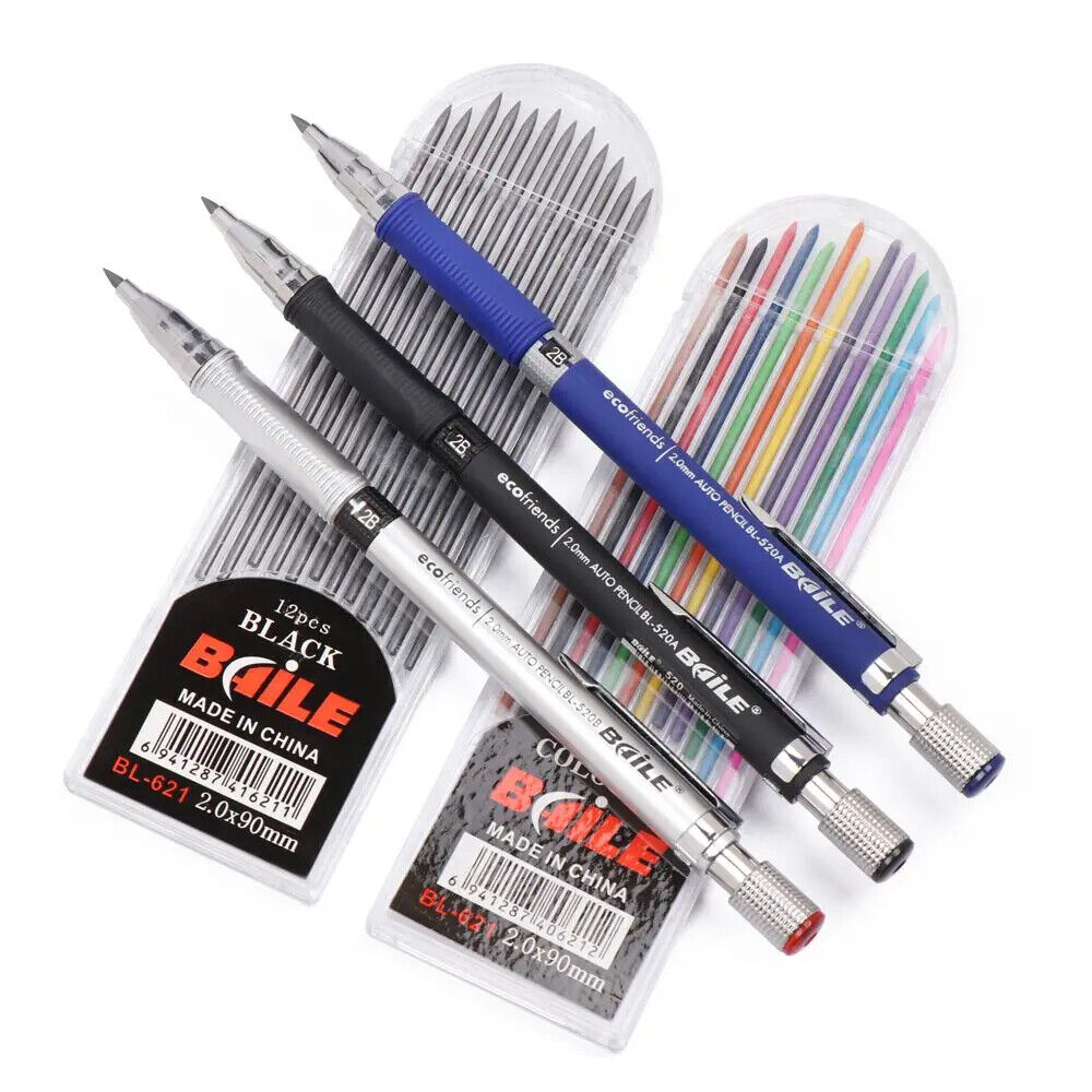 3 PCS 2.0 mm 2B Mechanical Pencil with 2 Cases Lead Color and Black Refills Art