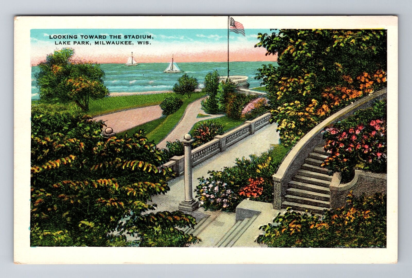 Milwaukee WI-Wisconsin, Lake Park, Stadium, Antique Vintage Souvenir Postcard
