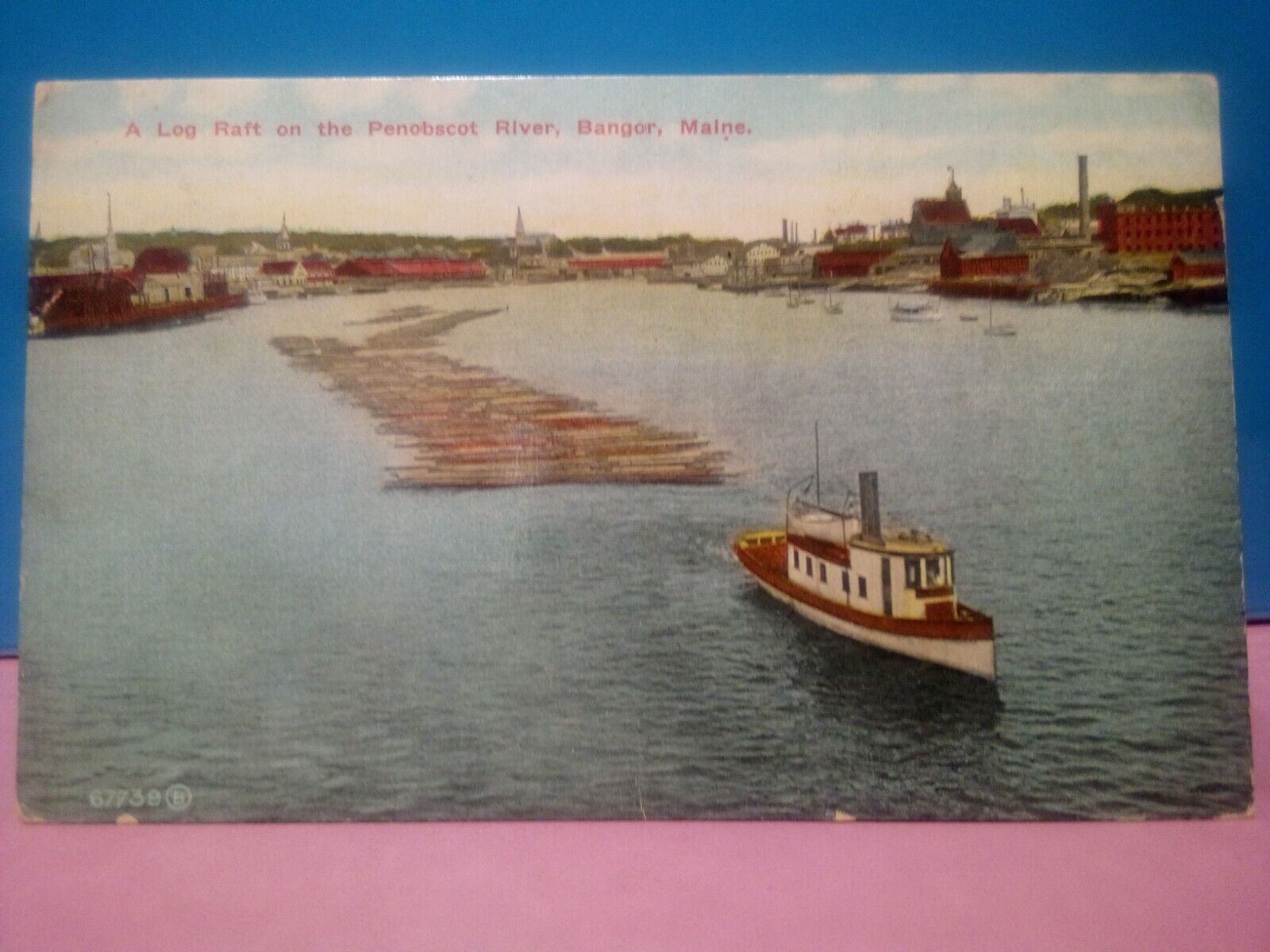 log raft Penobscot River bangor Maine logging tugboat 1913