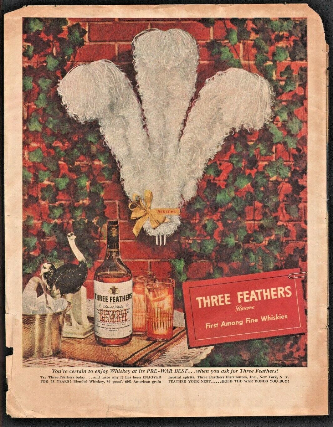 1945 Three Feathers Reserve Blended Whiskey - Vintage Ostrich Bird Liquor Ad