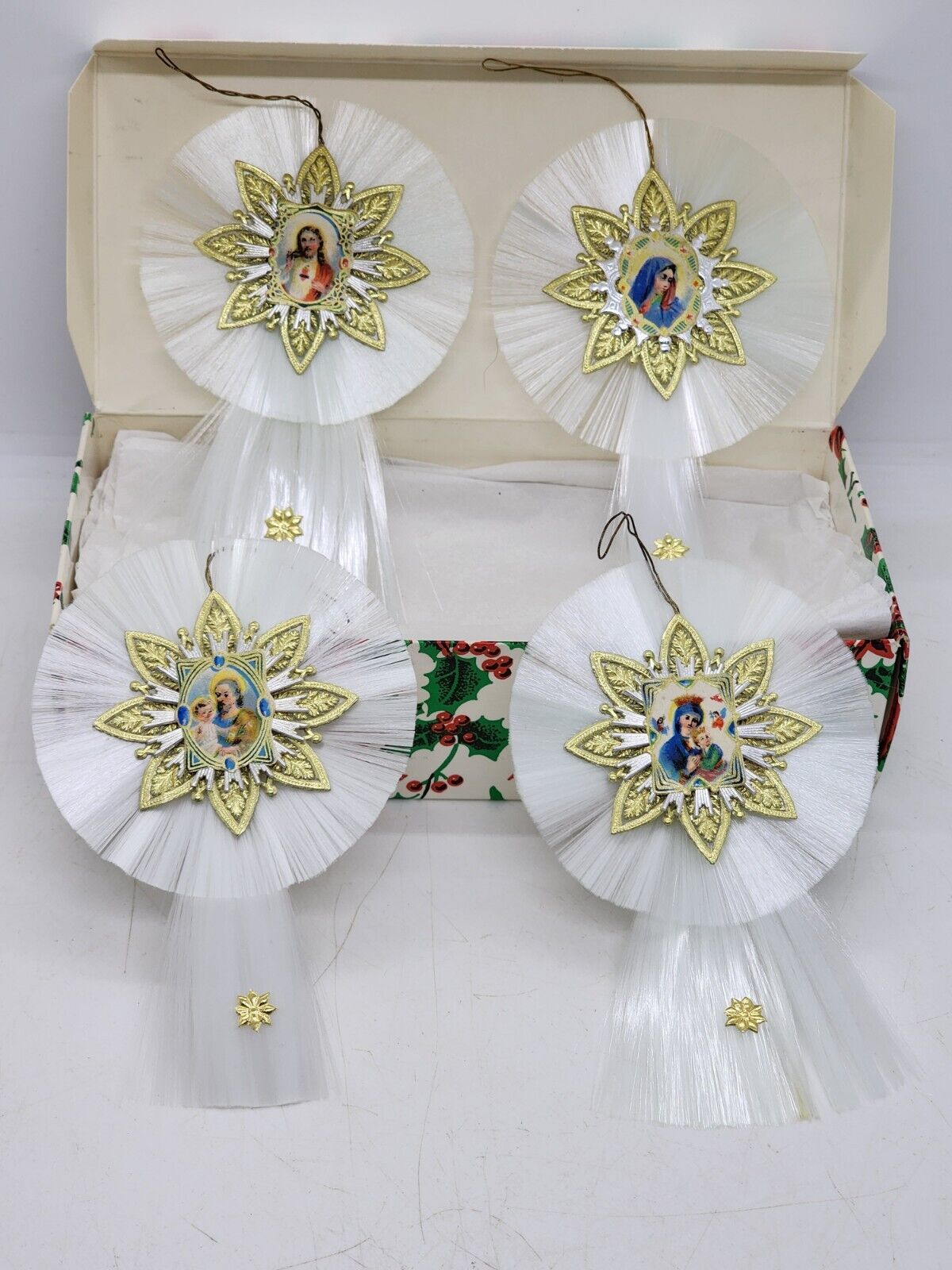 Vintage D. Blumchen Christmas 4 Ornaments 80s Spun Glass Scrap Dresden NOS MIB