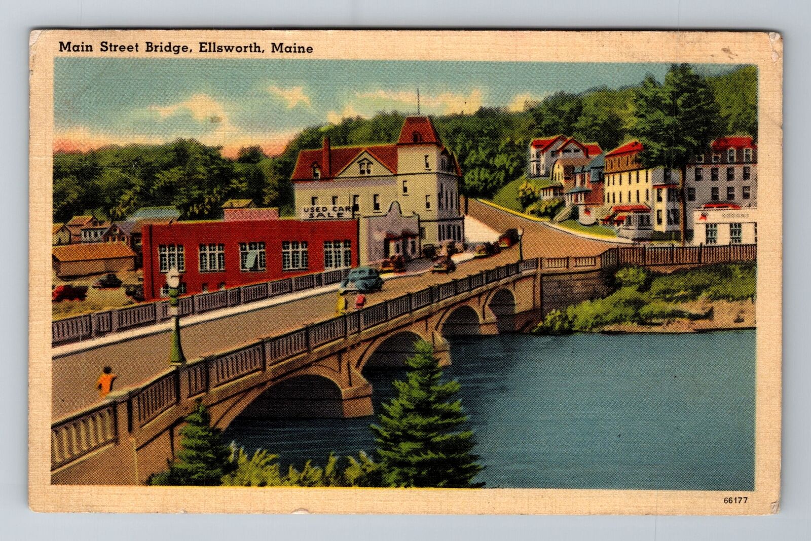 Ellsworth ME-Maine, Main Steet Bridge, Aerial, Antique, Vintage c1941 Postcard