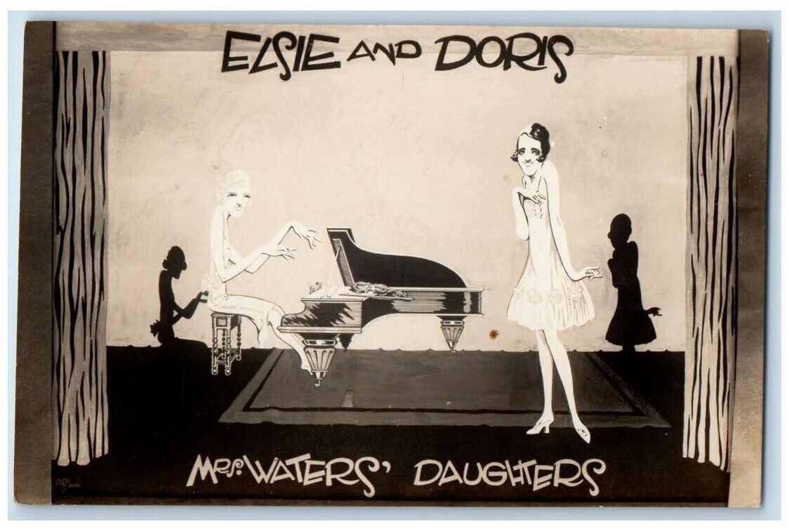 c1930s Elsie & Doris Waters Daughters Art Deco Piano England RPPC Photo Postcard