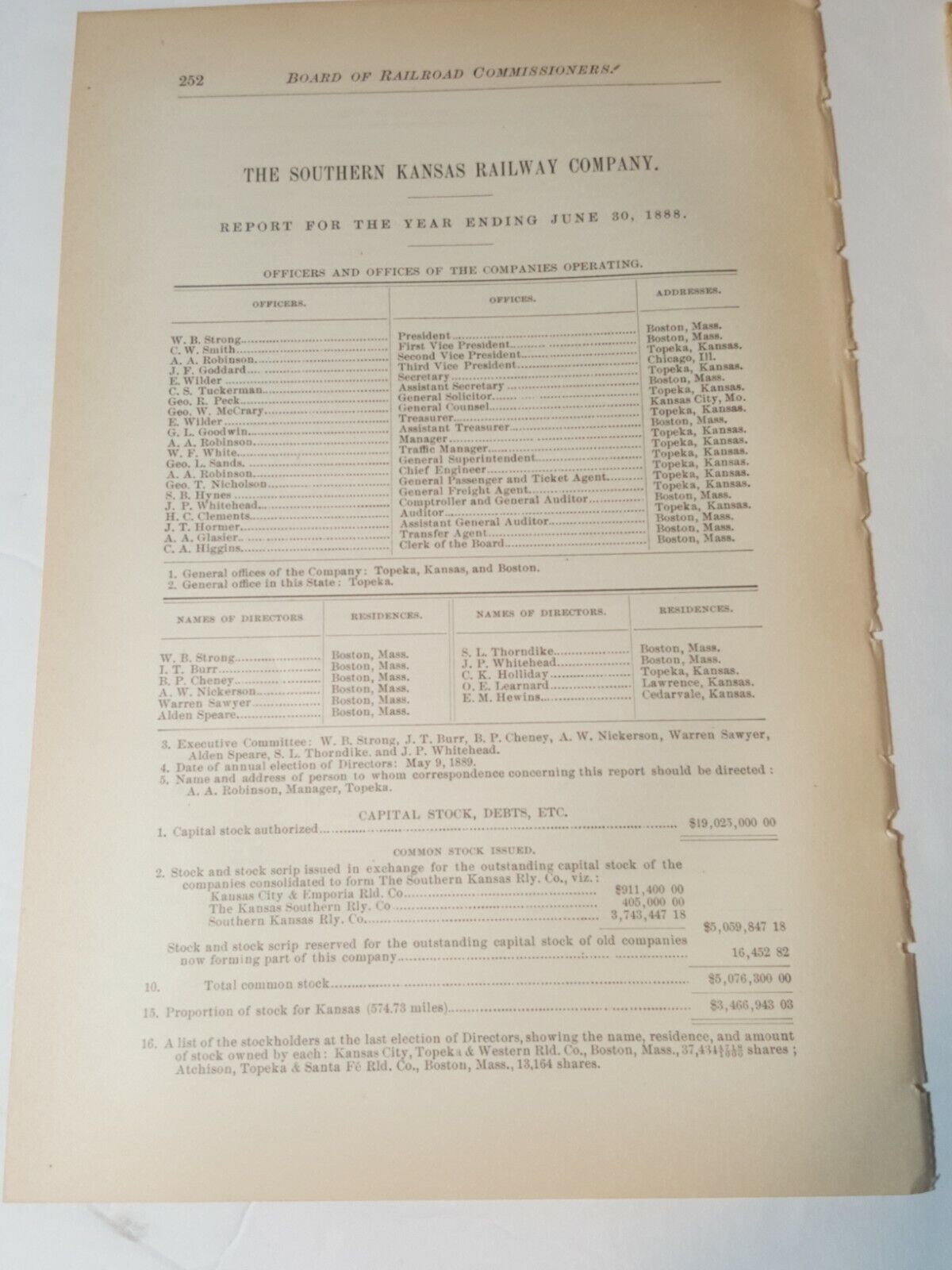 1888 railroad document SOUTHERN KANSAS RAILWAY annual train report Holliday KS