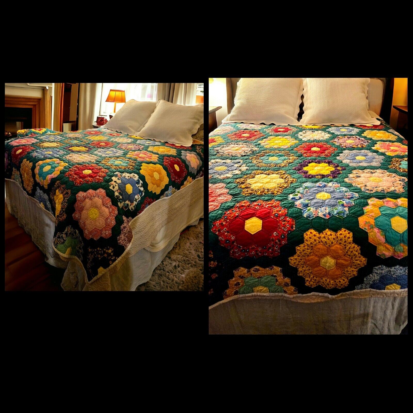 Vintage Quilt GRANDMOTHER’S FLOWER GARDEN 100% Hand Sewn Full 72