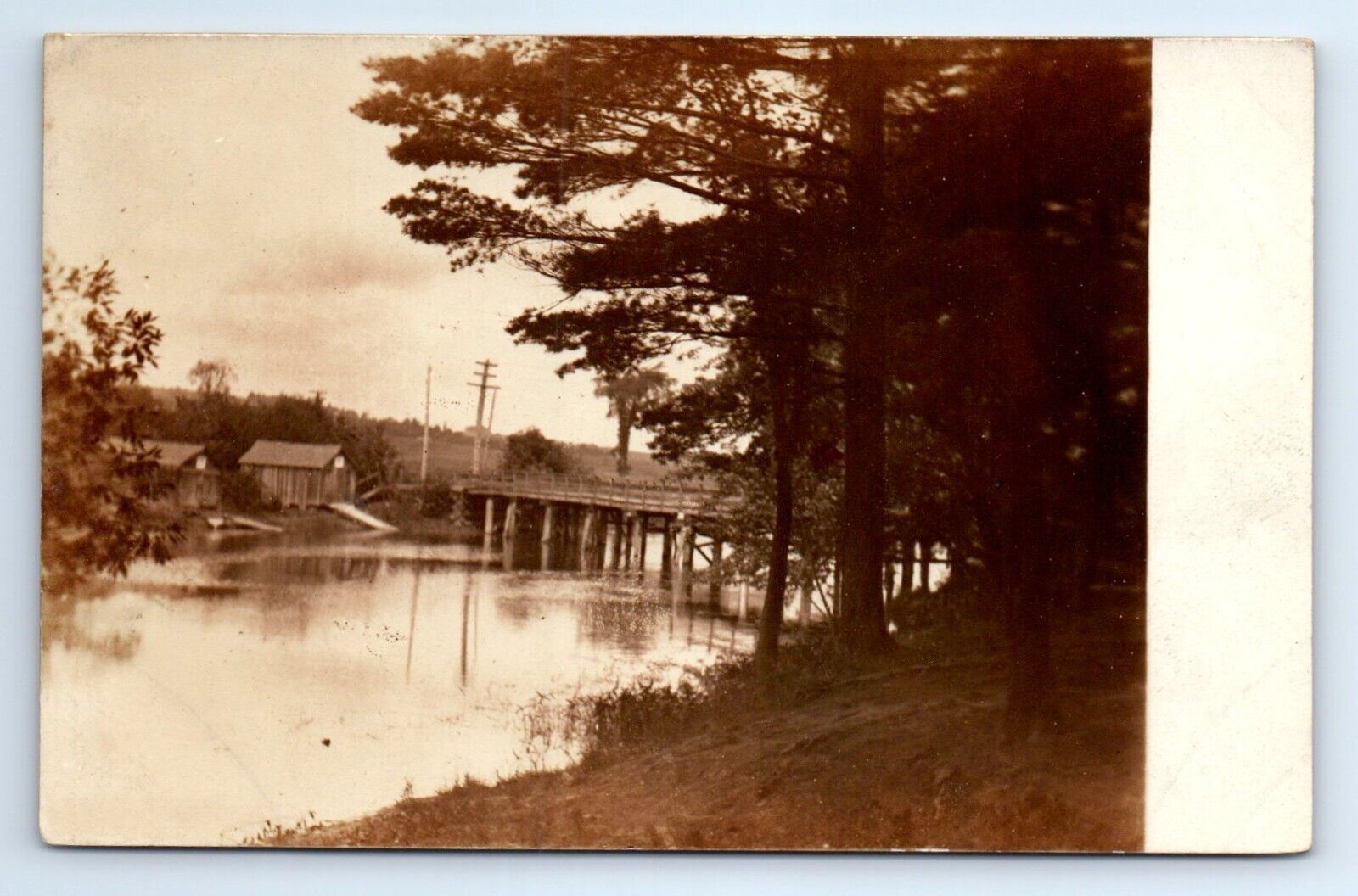 Boat House Bridge River Unidentified Location RPPC Postcard c.1903