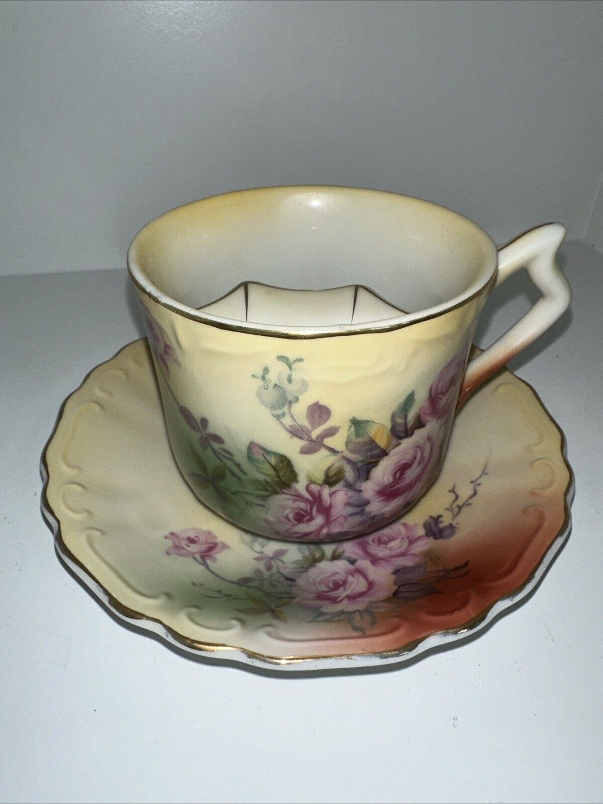 Antique RS Prussia Germany Hand Painted Floral Roses Mustache Cup Saucer Tea