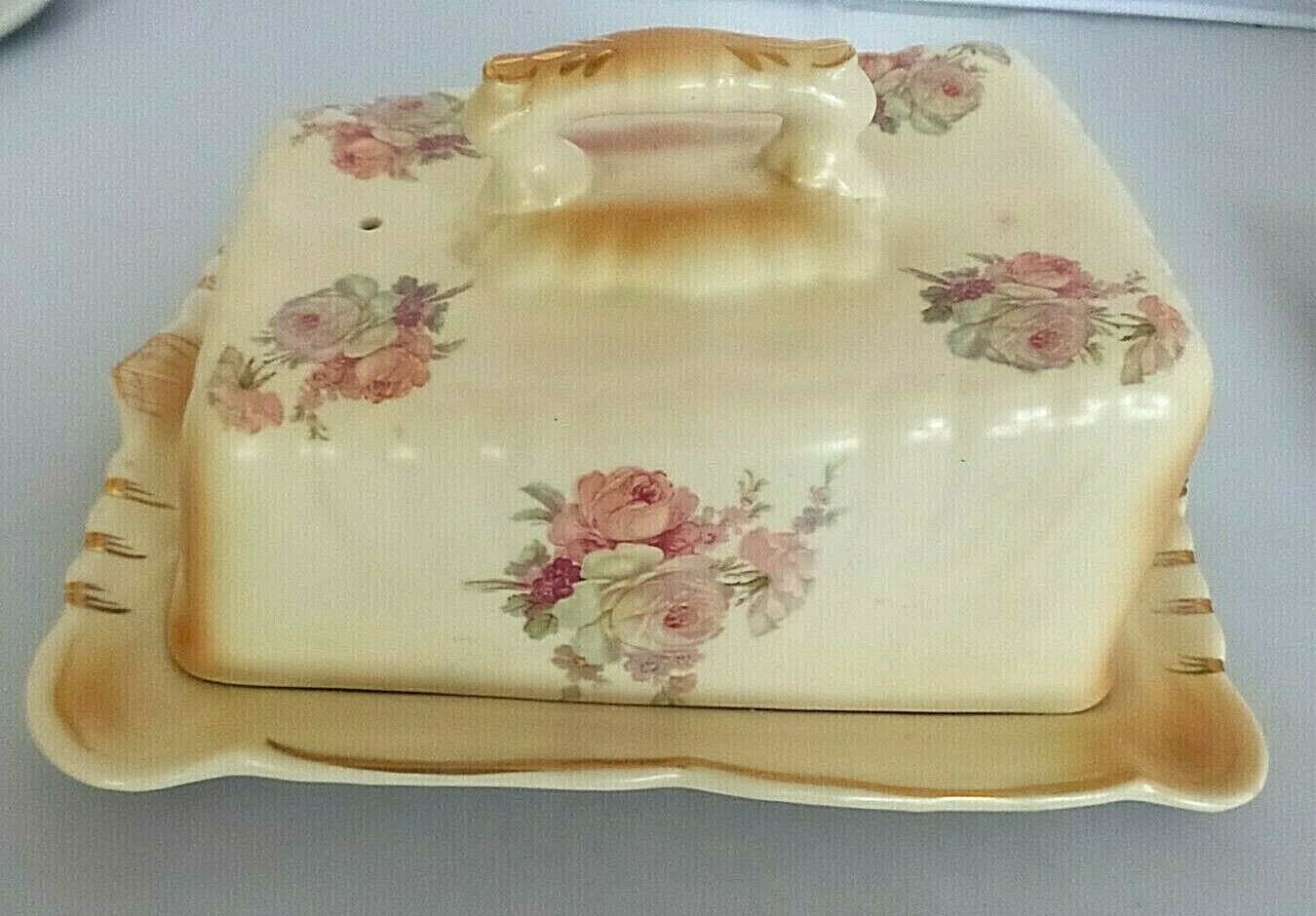 ANTIQUE CERAMIC CHEESE DISH FLORAL  WITH COVER