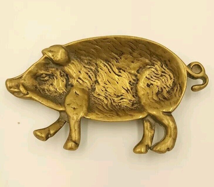 Vintage Solid Brass Pig Trinket Dish Ring Tray Ashtray Hog Boar 4” X 2.5”
