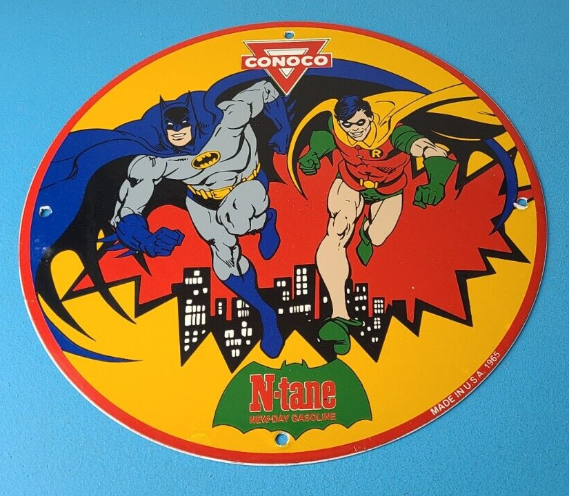 Vintage Conoco Gasoline Porcelain Sign - Batman Robin N-Tane Comic Gas Pump Sign
