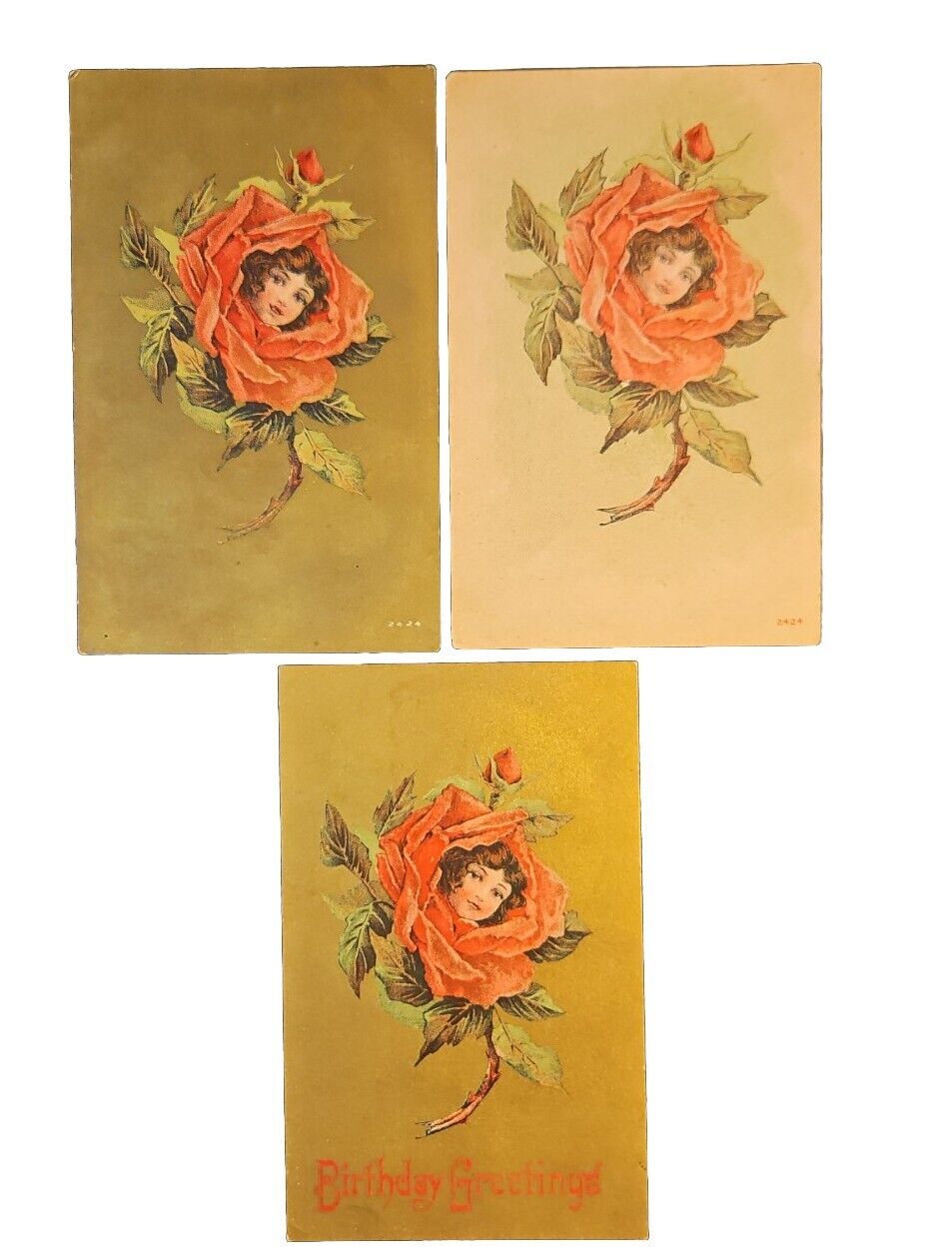 3 Early 1900s Postcards Lot - Lady In Rose All Different