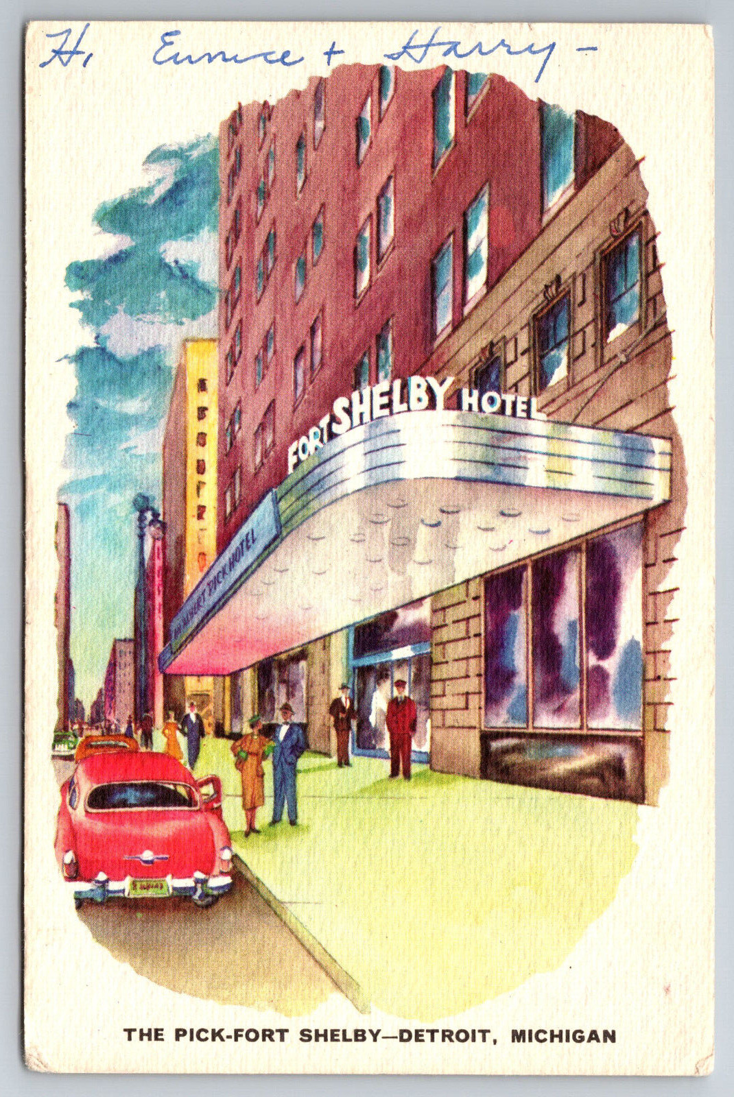 Vintage Postcard MI Detroit Pick-Fort Shelby Hotel Old Car Artist Concept c1959
