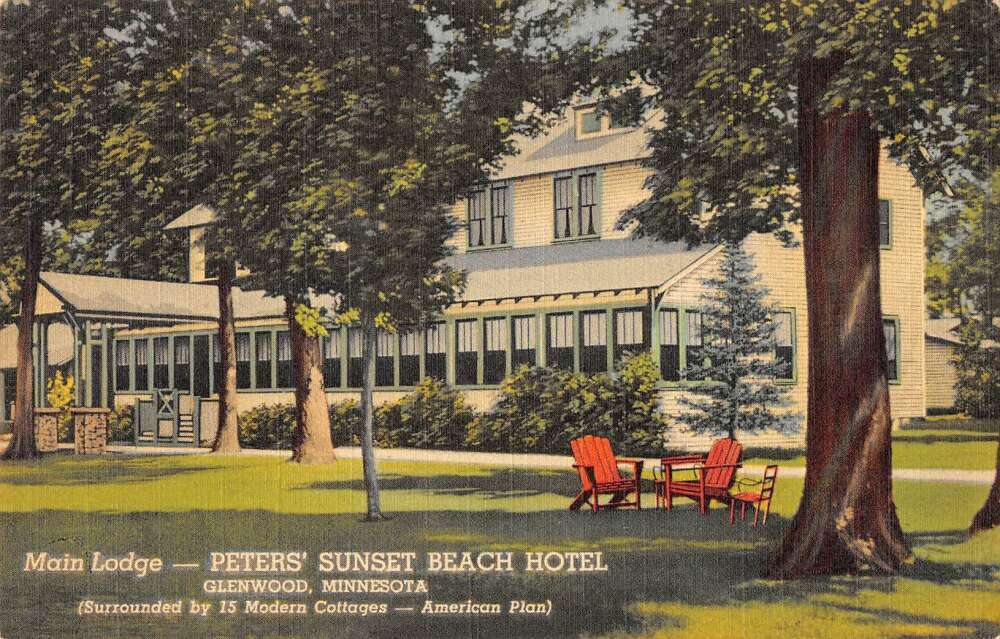 Glenwood Minnesota Peters Sunset Beach Hotel Main Lodge vintage pc DD5546