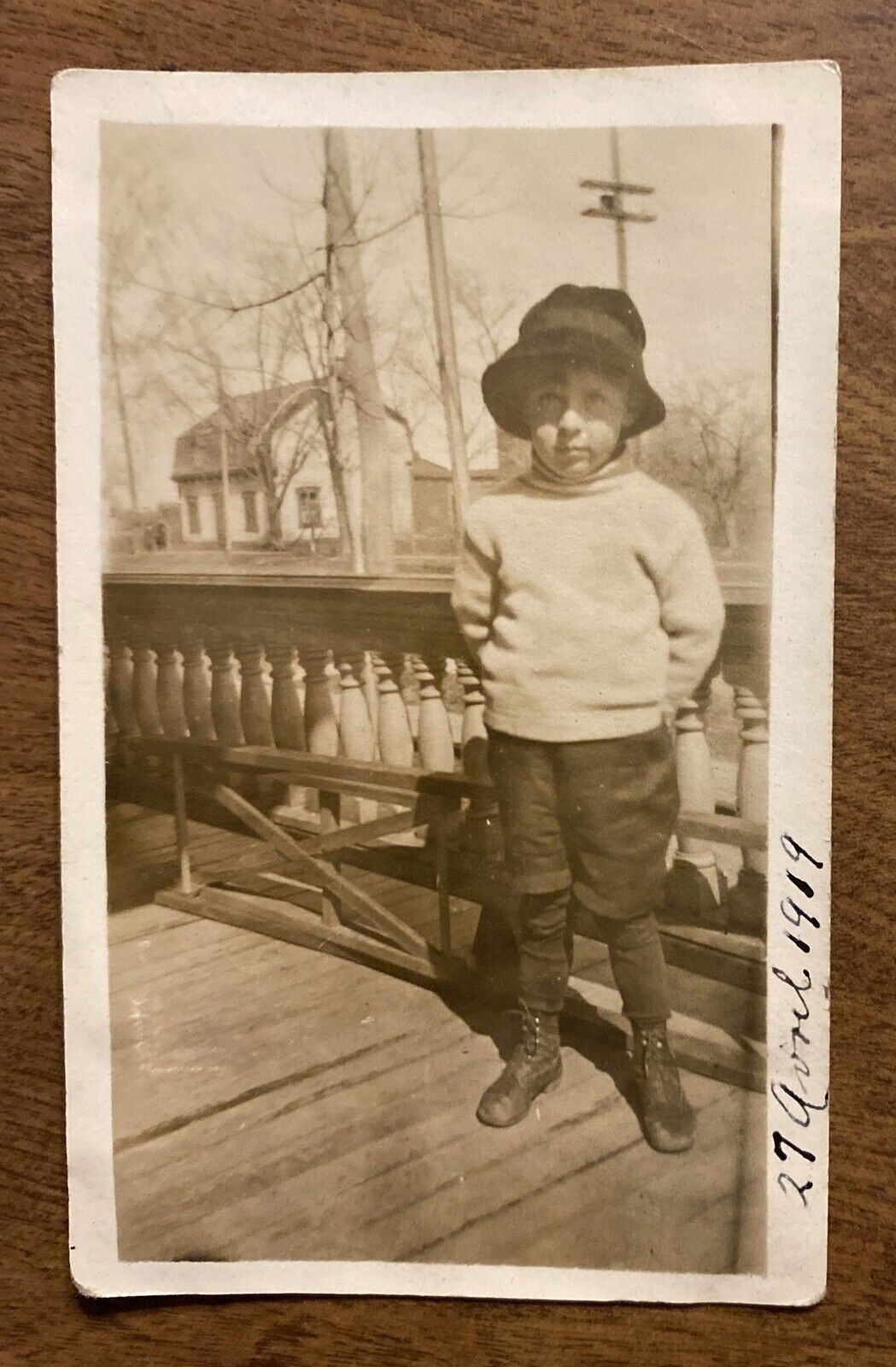 1919 Young Boy Child Fashion Hat Porch House Home Original Snapshot Photo P11b8