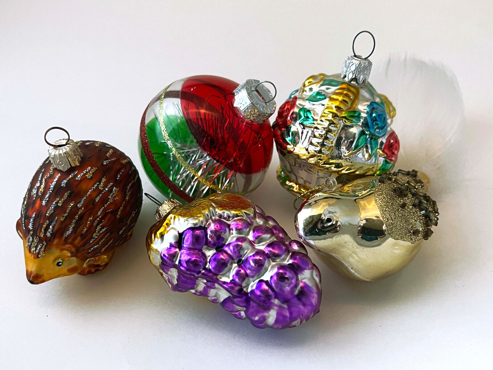 5 Vintage Inspired Figural Glass Christmas Ornaments