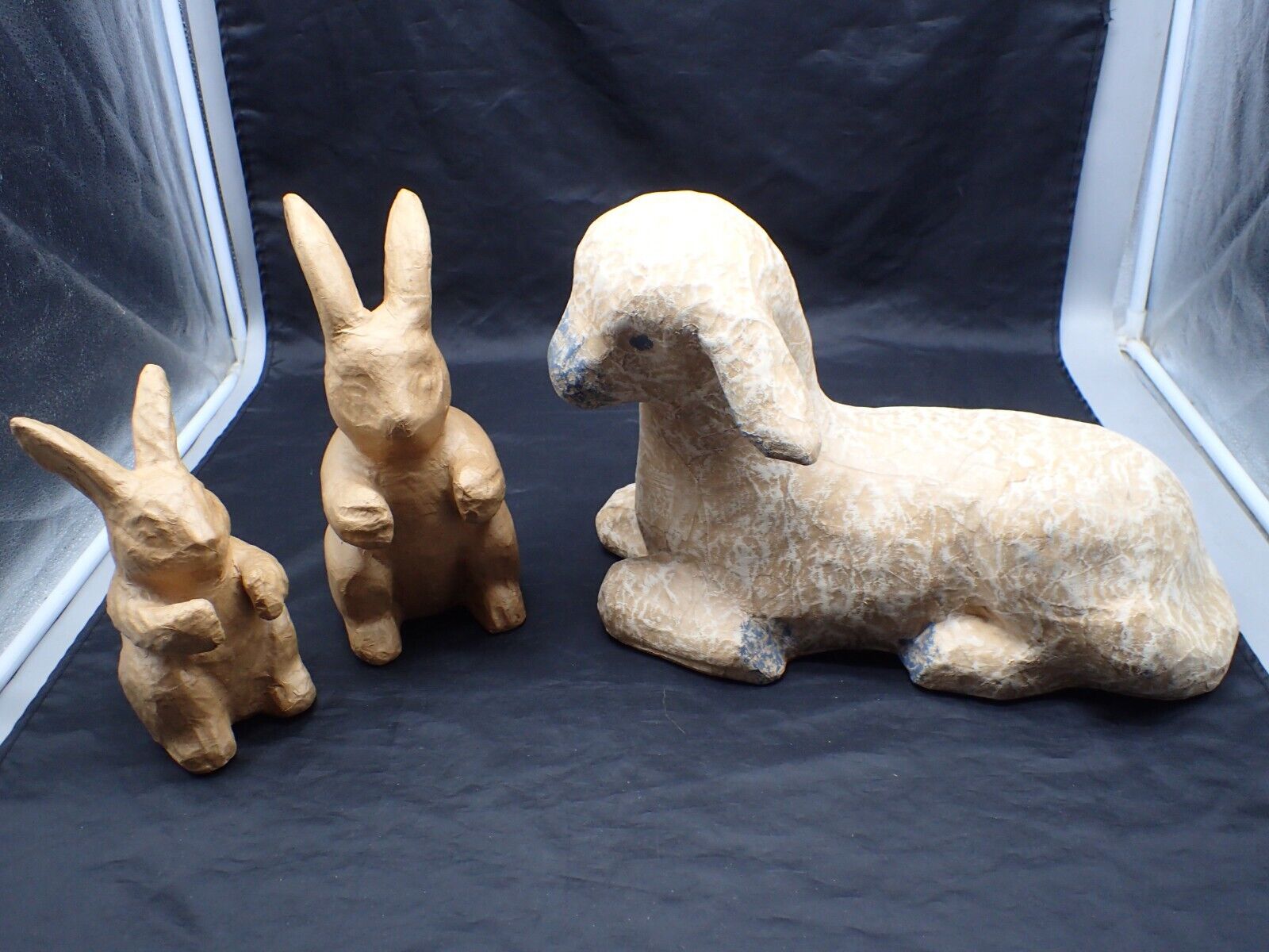 Vintage??  Paper Mache Easter Brown Bunny Rabbits & Lamb