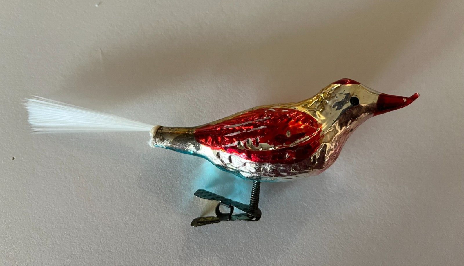 Vintage Blown Glass Red and Gold Bird Clip-on Ornament Spun Glass Tail